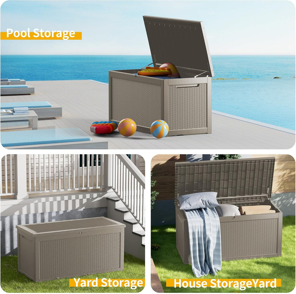 320 Gallon Waterproof Large Resin Deck Box Indoor/Outdoor Lockable Storage Container and Seating for Garden, Pool, and Patio (320 Gallon, Grey)