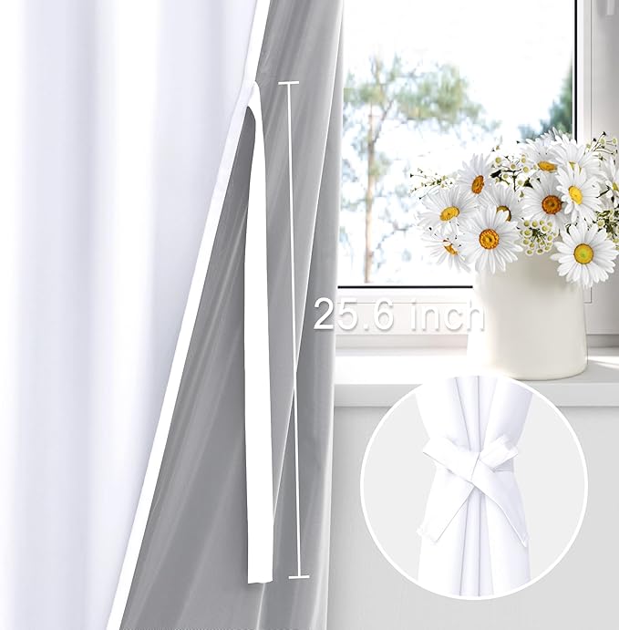 XWZO White 100% Blackout Curtains - Heat and Full Light Blocking Drapes with Black Liner for Bedroom/Laundry Room, Rod Pocket Window Panels with Tiebacks, White, W38 x L45, Set of 2