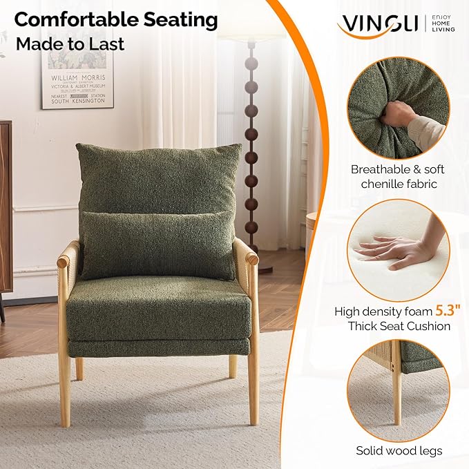 VINGLI Boho Braid Accent Armchairs Set of 2,Mid-Century Modern Chiars with Solid Wooden Armrest,Comfy Louge Cushion Chairs with Waist Pillow for Bedroom,Living Room,Reading Room, Dark Green