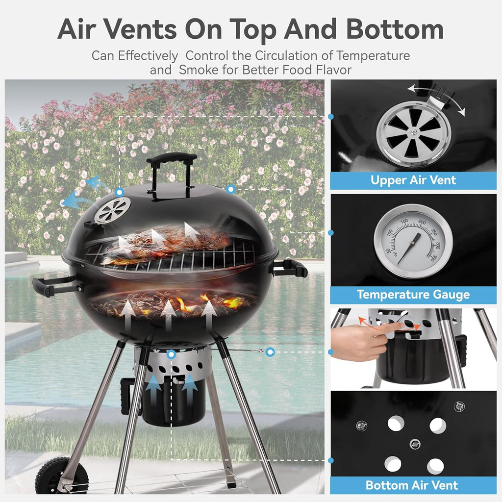 GREEN PARTY 22 inch Kettle Charcoal BBQ Grill with Wheels, Portable Charcoal Grill with Porcelain-Enameled Lid & Ash Catcher for Outdoor Cooking Barbecue Camping Picnics Tailgating