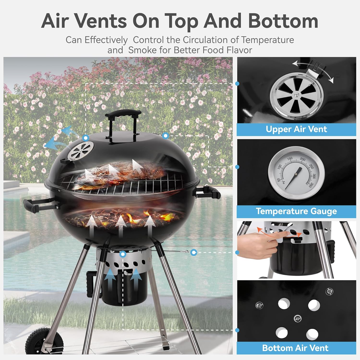 GREEN PARTY 22 inch Kettle Charcoal BBQ Grill with Wheels, Portable Charcoal Grill with Porcelain-Enameled Lid & Ash Catcher for Outdoor Cooking Barbecue Camping Picnics Tailgating
