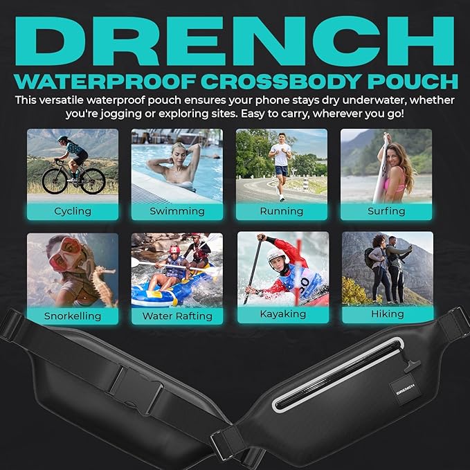 DRENCH 100% Underwater Waterproof Fanny Pack. Waist Pack. Submersible Waterproof Phone Pouch. Dry Bag for Swimming, Boating, SUP & Snorkelling. Underwater Phone case. Floating Belt Bag