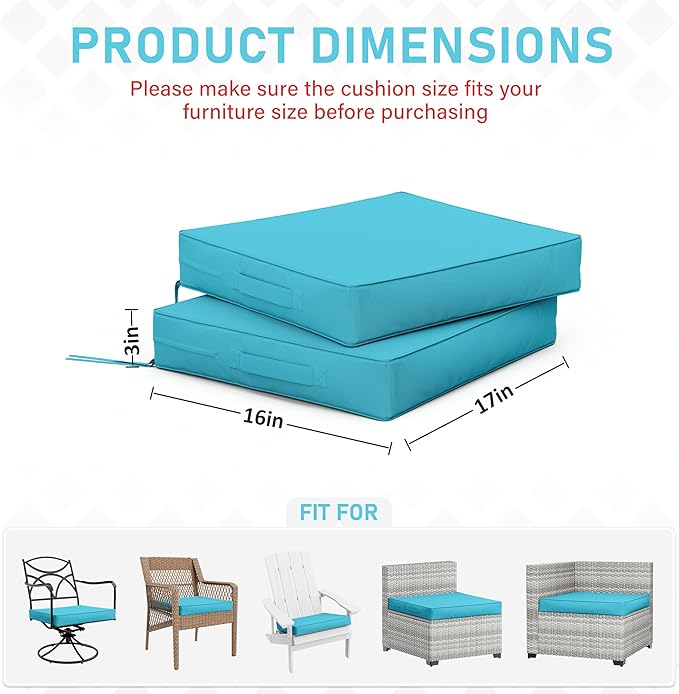 Patio Chair Cushions 17 X 16 X 3 Inch Waterproof Outdoor Seat Cushions for Patio Furniture, Outdoor Sofa Couch Pads with Ties & Handle, Set of 2, Lake Blue