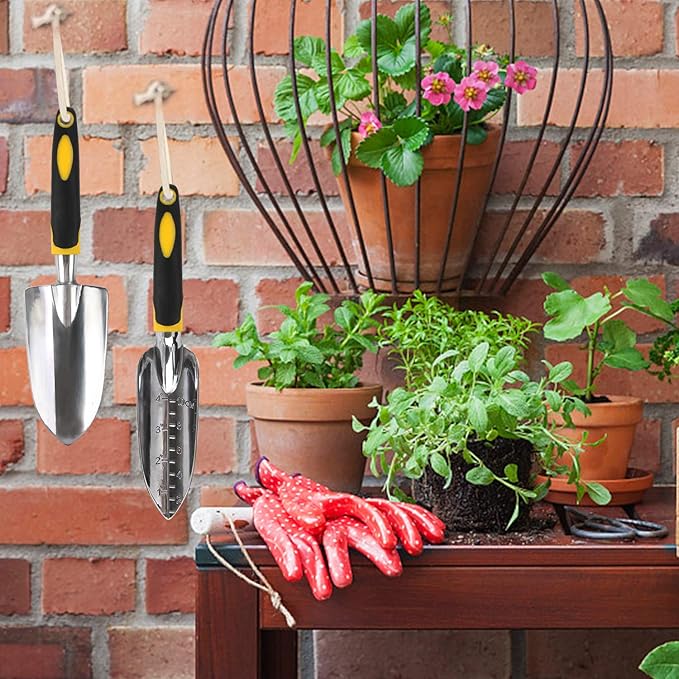 FEBSNOW Garden Tool Set - 5 Pieces Heavy Duty Gardening Hand Tools Kit Include Garden Trowel, Garden Rake, Spade Shovel, Weeder, Cultivator for Men, Women