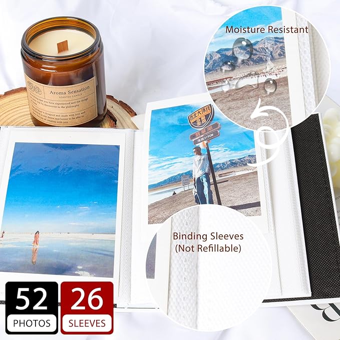 RECUTMS Photo Album 4x6 52 Pockets, Small Mini Capacity Leather Photo Album with Front Window, Each Pack Hold 52 Vertical Photos for Family Wedding Baby Children(White)