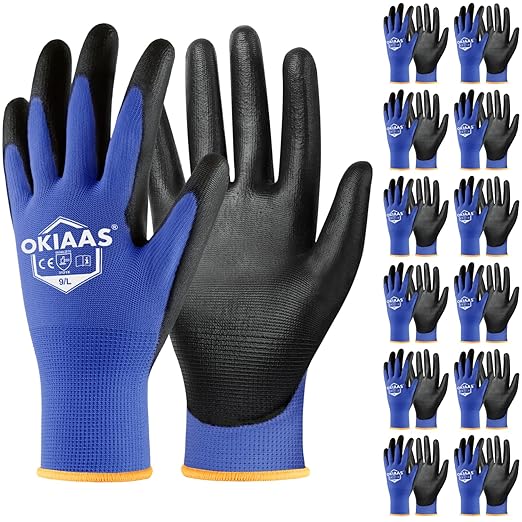 OKIAAS Men's Large Blue 12 Pairs Ultra Thin and Lightweight Working Gloves with Grip, Polyurethane Coating, Safety Gloves for Light Duty Work