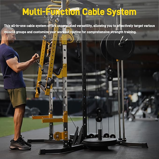 Power Rack with Dual Pulley System, Cable Crossover, LAT Pulldown, Bench Press & Squat Rack, Full Body Strength Training Cage for Home Gym