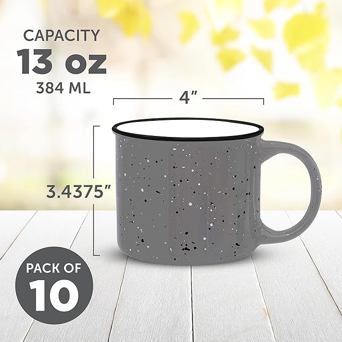DISCOUNT PROMOS Ceramic Campfire Coffee Mugs 13 oz. Set of 10, Bulk Pack - Perfect for Tea, Espresso, Cappuccino, Hot Cocoa - Grey