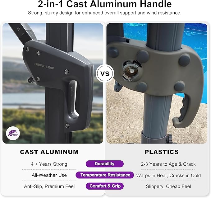 PURPLE LEAF 9' X 11.5' Rectangle Patio Umbrella Outdoor Large Aluminum Cantilever Umbrella with 3 Years Fade Resistance Recycled Fabric and 360-degree Rotation for Garden Deck Pool, Mist Grey