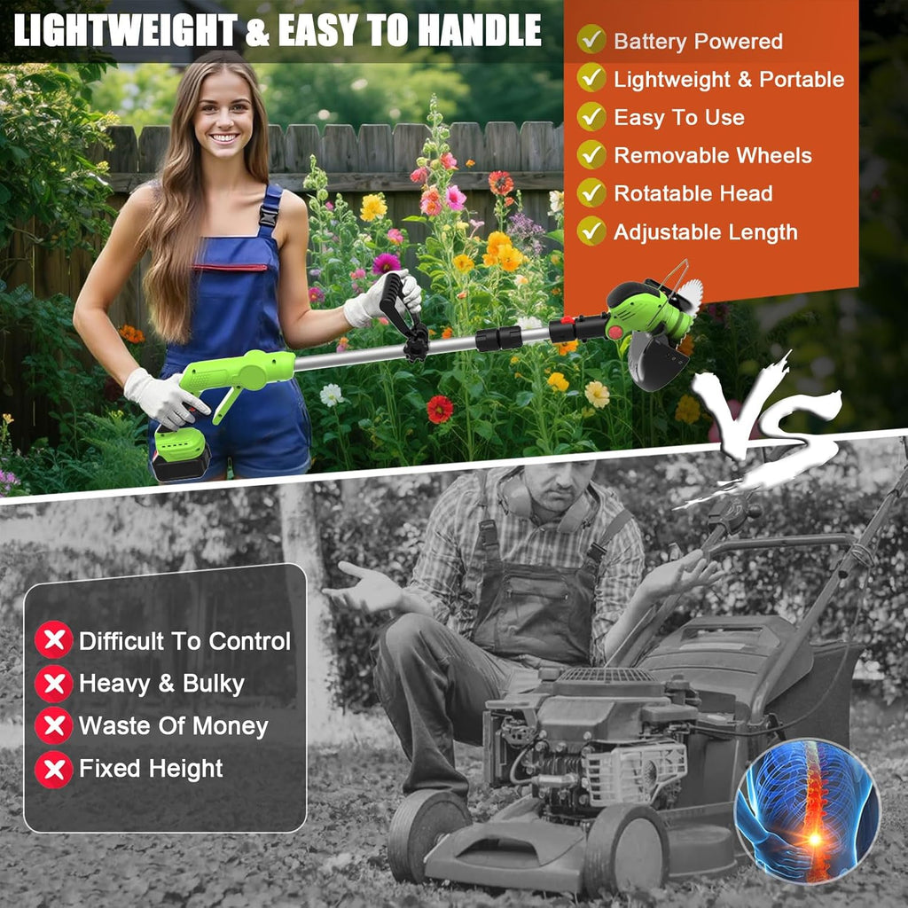 Cordless Electric Weed Wacker Battery Powered, 21v Lightweight Weed Trimmer Eater With 2 4.0Ah Battery Operated & Charger & Wheels & Shears, 3 In1 Grass Trimmer/Brush Cutter/Lawn Edger for Yard Garden