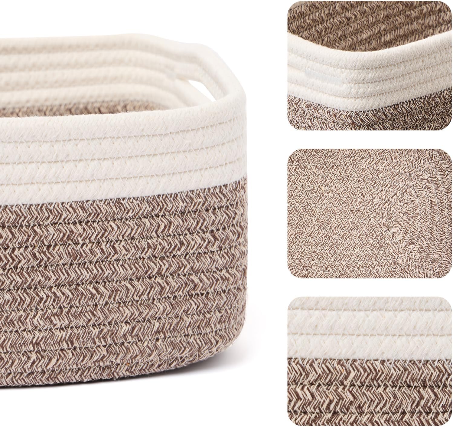 Small Storage Baskets for Organizing | Closet Organizer Bins | Shelf Toy Basket | Woven Rope Baskets | Cube Decorative Box | Shallow Basket | 13x8.5x5.1” | 4 Packs White Brown