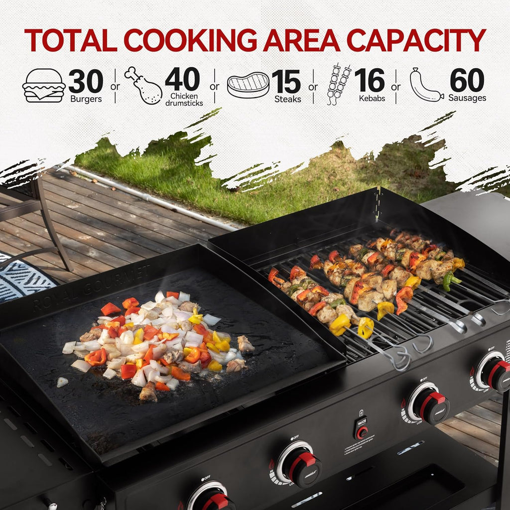 Royal Gourmet GD405A 4 Burner Propane Gas Grill and Griddle Combo with Grilling Gear Set, Griddle Grill Combo with Foldable Side Tables for Outdoor Cooking While Camping or Tailgating, Black