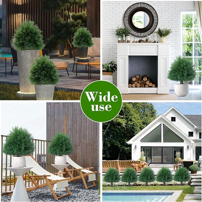 20" Artificial Cedar Topiary Ball Trees with Ground Spike, 2 Pack UV Resistant Artificial Shrubs, Fake Evergreen Artificial Plant Brush for Indoor Outdoor Front Porch Garden