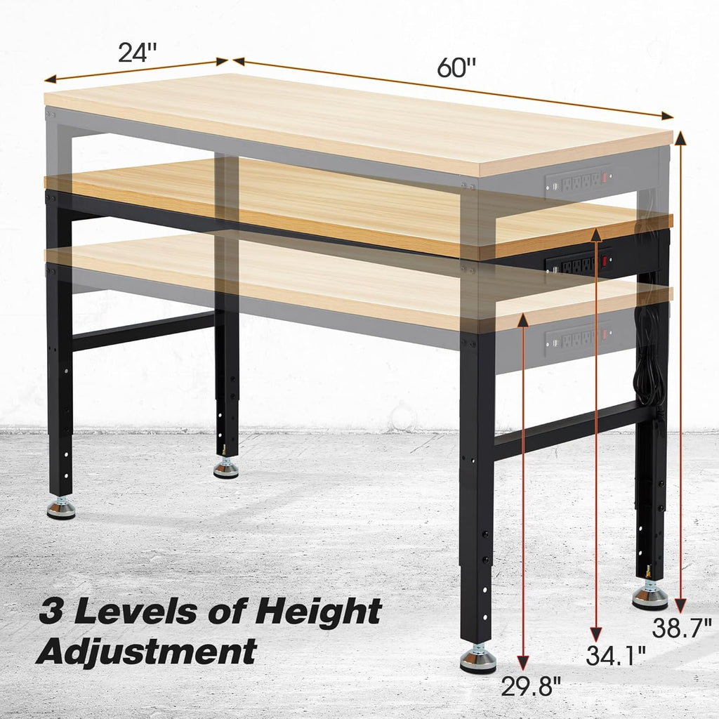 60” Adjustable Workbench，Heavy Duty Wood Work Bench 2000 Lbs Load Capacity,Work Table with Power Outlet for Garage, Workshop, Office, Home