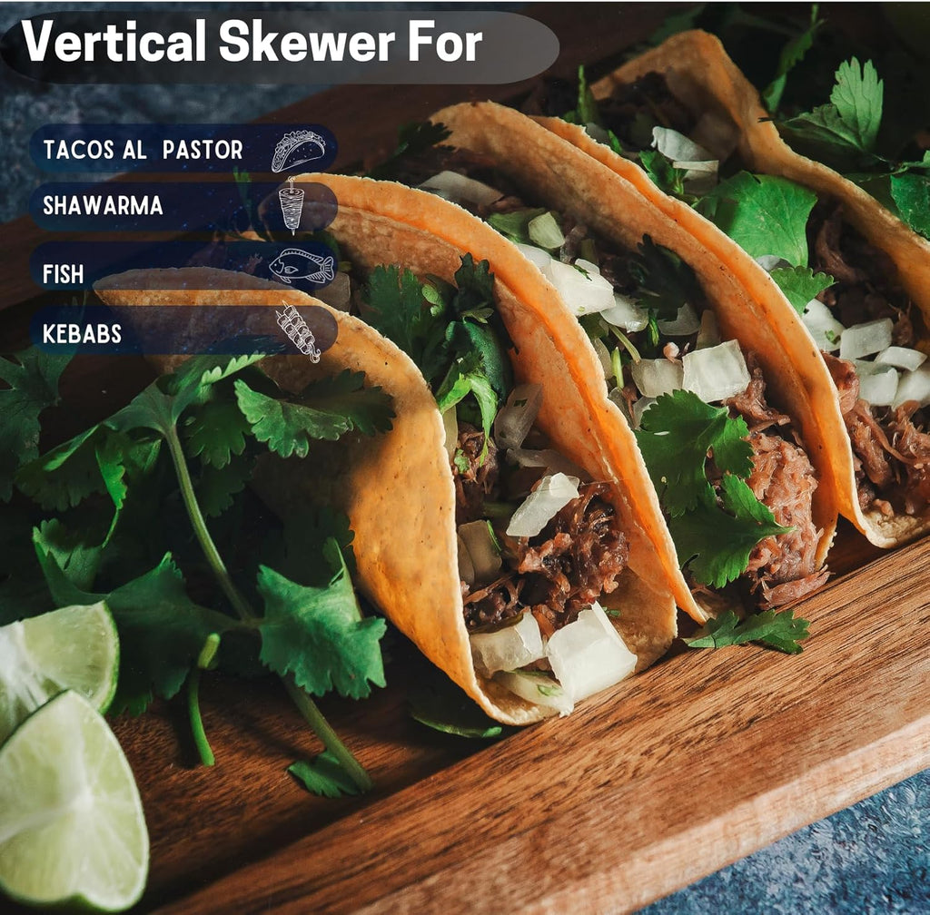 Al Pastor Skewer for Grill, Stainless Steel Vertical Gyro Plate for Oven, Rotate, Spit Stand, with Brushes, 3 Removable Spikes 8/10/12 BBQ Dishes Shawarma Stand, Kebabs Smoker, Tacos.