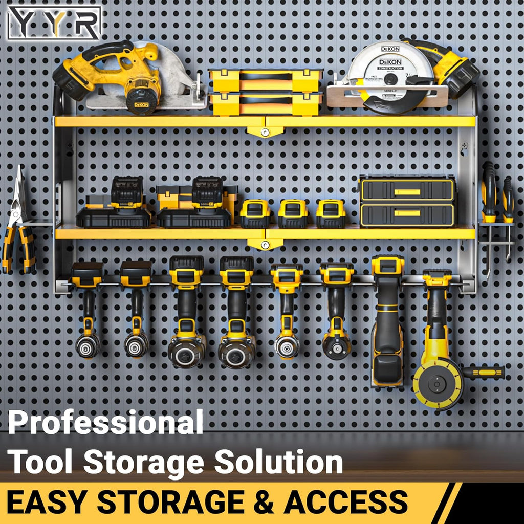 YYR Power Tool Organizer Wall Mount, Cordless Drill and Battery Holder, Electric Tools Hanger Storage Rack with Charging Station, Garage Organization Floating Shelf - Made of Heavy Duty Metal, Yellow