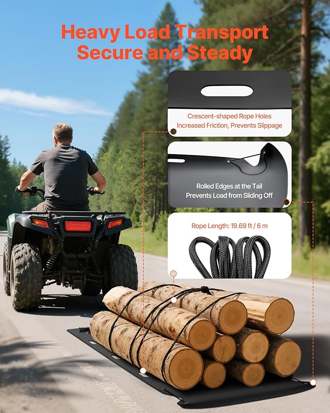 VEVOR Yard Drag Sled, 110 x 46 in, 2000lbs Heavy Duty Utility Sled, HDPE Drag Glider with Ropes & Pull Cable, Dual Use Game Hauler for Firewood Ice Fishing, Compatible with ATVs UTVs Tractors