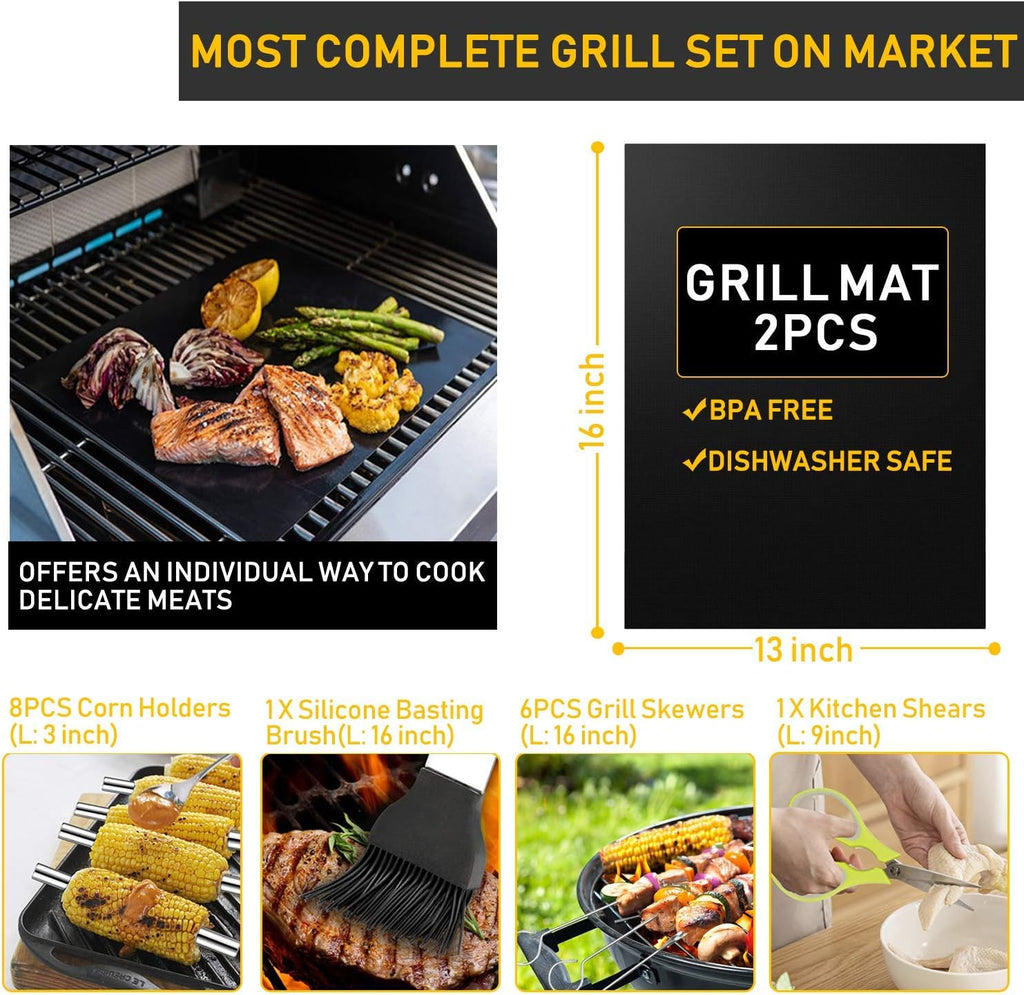 34Pcs Grill Accessories Grilling Gifts for Men, 16 Inches Heavy Duty BBQ Accessories, Stainless Steel BBQ Tools with Thermometer, Grill Mats for Backyard, BBQ Set for Men Women