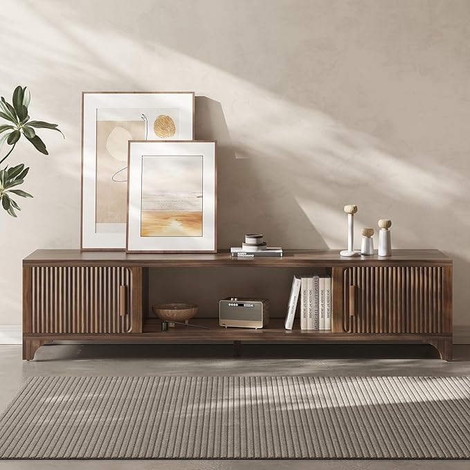 Mid Century Modern TV Stand for 70/75 Inches Television, TV Console with Fluted Doors and Storage, Entertainment Center for Living Room and Bedroom, Dark Brown