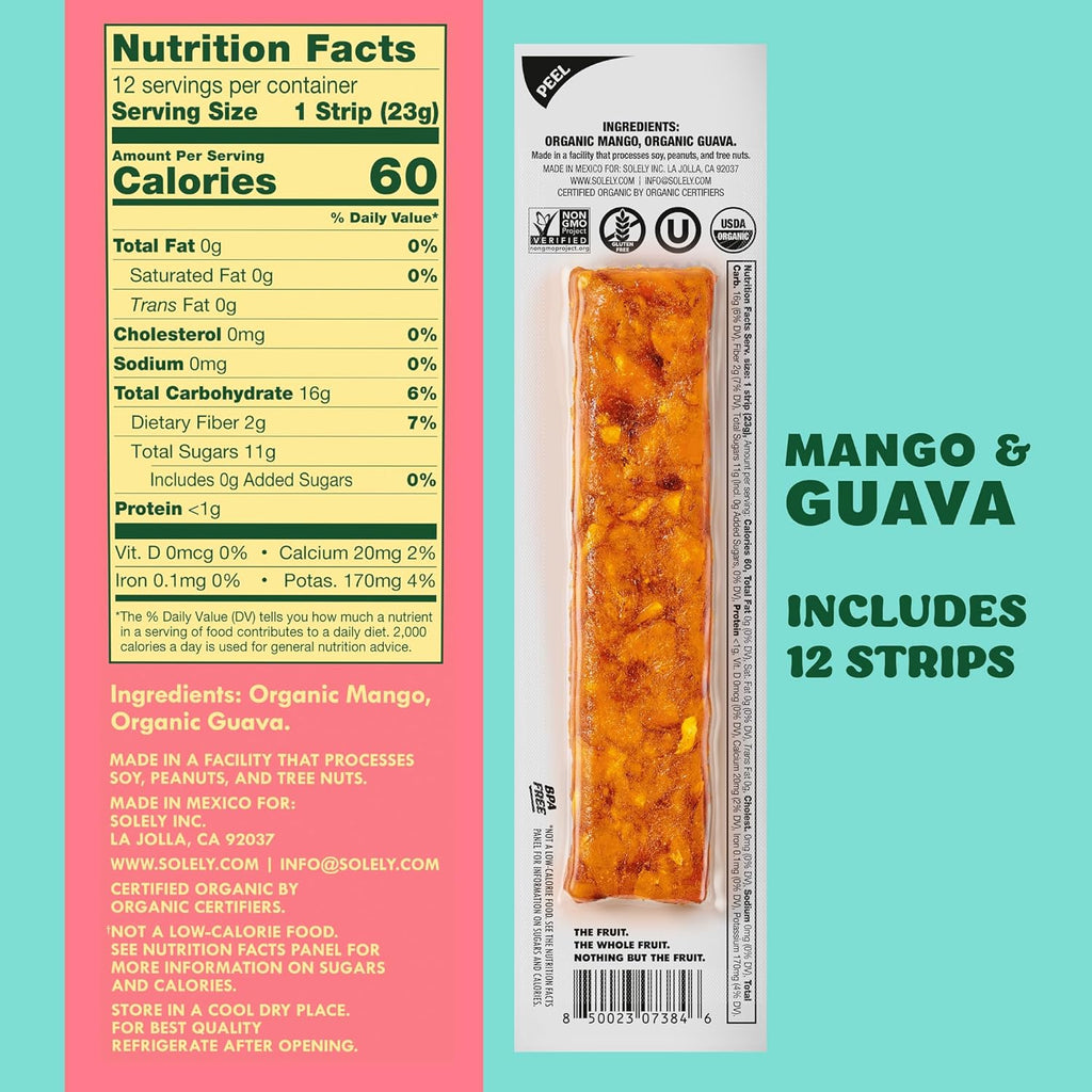 Solely Organic Mango & Guava Fruit Strips, 3.5 oz, Case of 8