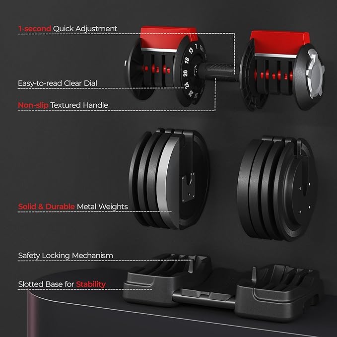 Yaheetech Adjustable Dumbbell Set 28/40/52.5/90LBS Adjustable Dumbbells Fast Adjust Dumbbell Weight Set with Anti-Slip Handle and Tray for Men/Women Home Gym Strength Training Equipment Single/Pair