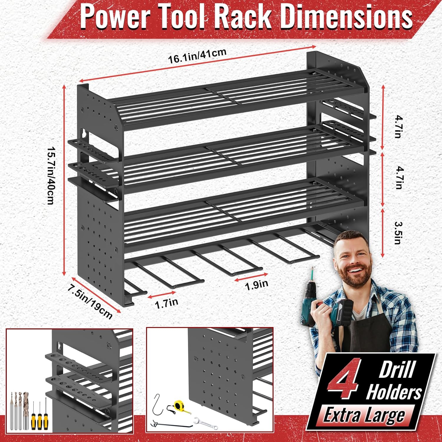 Power Tool Organizer Wall Mount, Metal Power Tool Storage Rack with Screwdriver Holder, Garage Tool Storage Shelves with Screwdriver Holder Plier Holder (Black, 4 Drills Holder)
