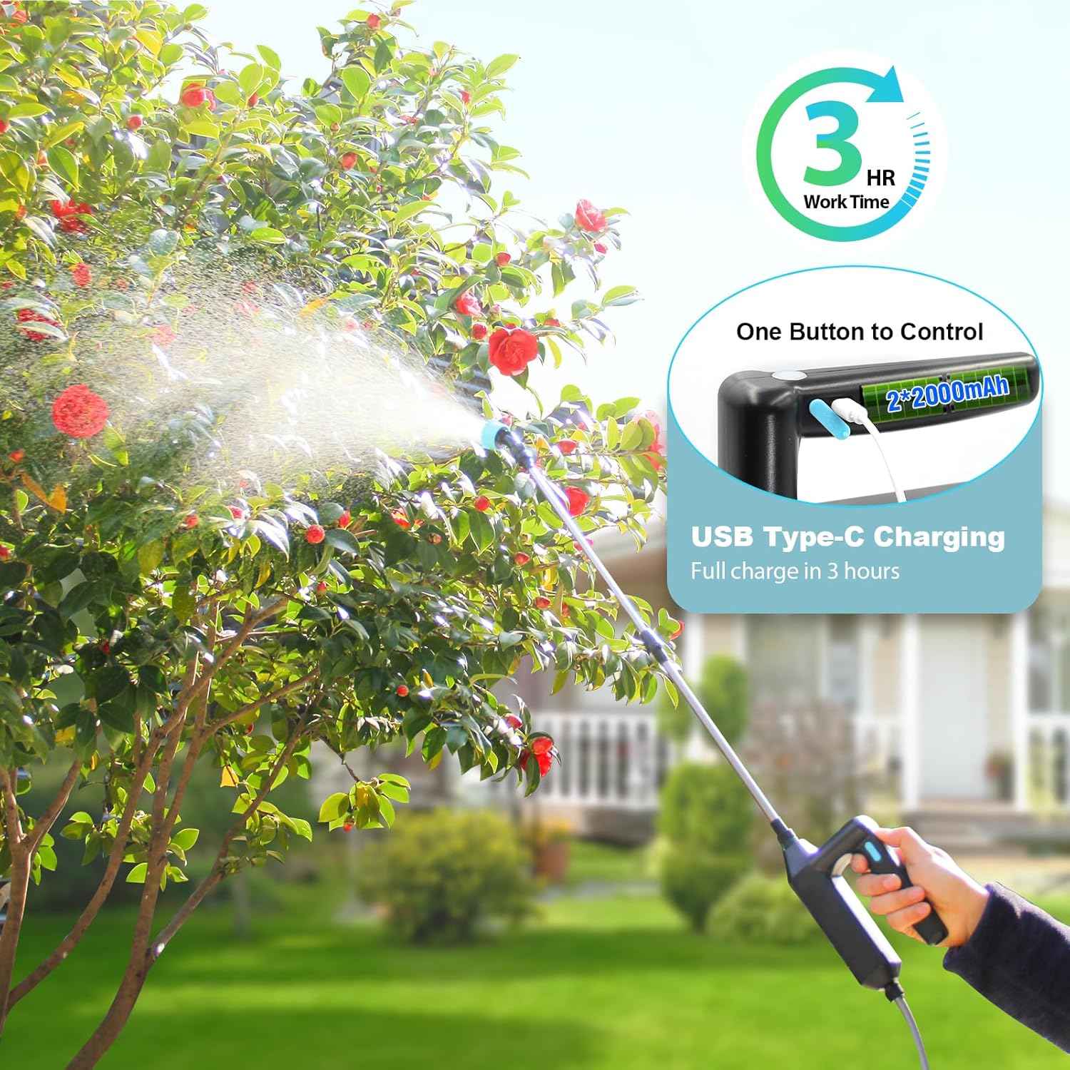 Battery Powered Sprayer 2 Gallon, Upgrade Powerful Electric Garden Sprayer with 3 Mist Nozzles, Rechargeable Handle, Retractable Wand, Adjustable Shoulder Strap for Lawn,Garden,Cleaning