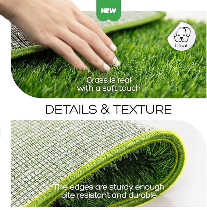 Dog Grass Pad with Tray, 31×21in Medium Litter Box, 2×Grass Pad for Dogs Potty Washable, Thick Soft Odor-Free Hemmed Dog Pee Grass, Indoor Potty Training Balcony