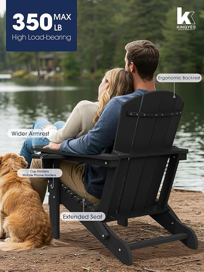 KINGYES Folding Adirondack Chair with Dual Cup Holders - HDPE All-Weather Outdoor Chairs, Black