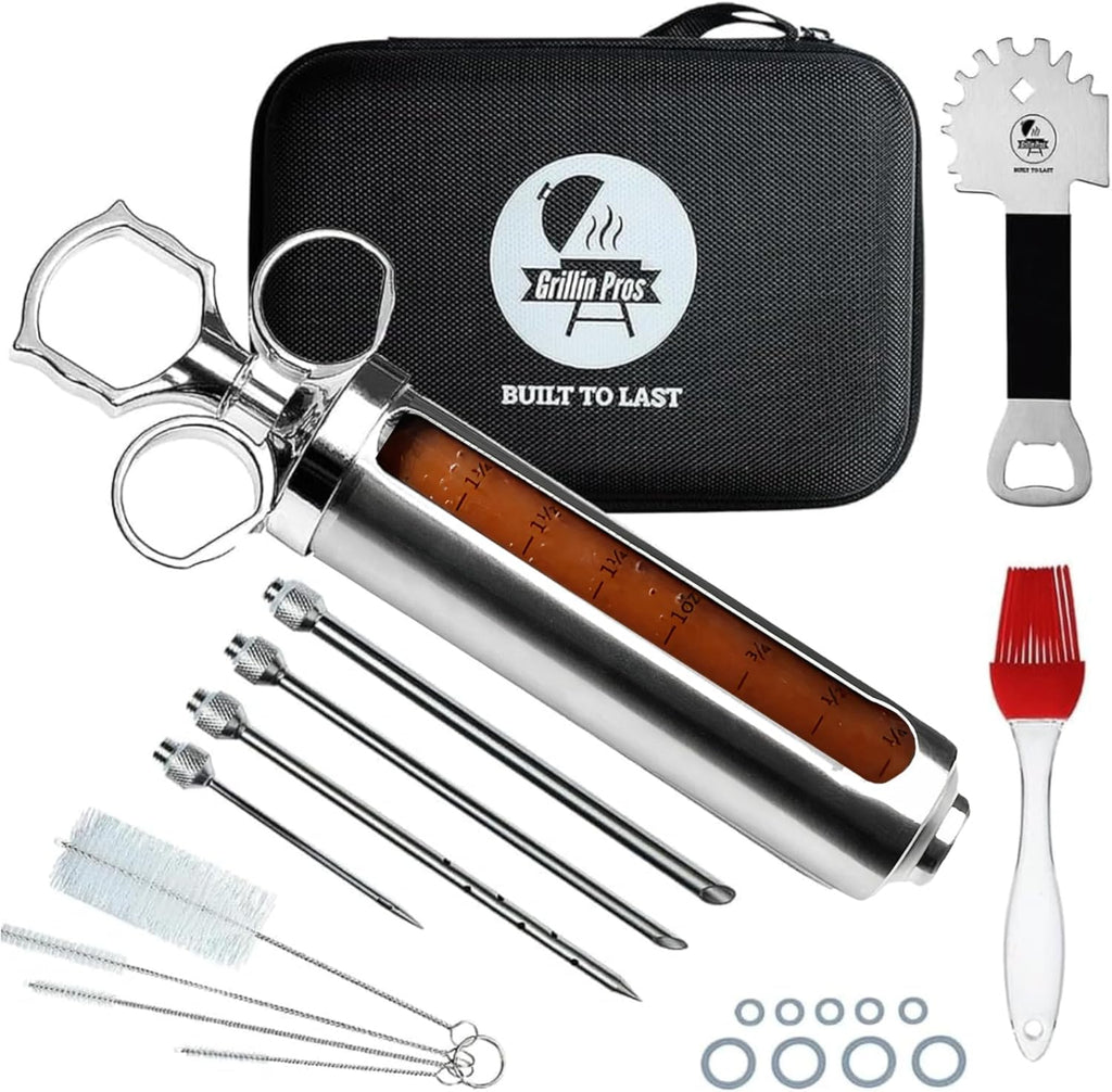 Professional Meat Injector Marinade Syringe Kit for Smoking & Grilling Turkey, Brisket & BBQ - Large 2 Oz Visible Stainless Steel Capacity - Never Leaks or Clogs + Safe Grill Cleaner & Flavor Brush