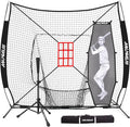 7'X7' Baseball Softball Practice Net,Pitching Net,Batting Net,with Baseball Tee,Bonus Strike Zone and Bow Frame,for Hitting,Pitching, Catching