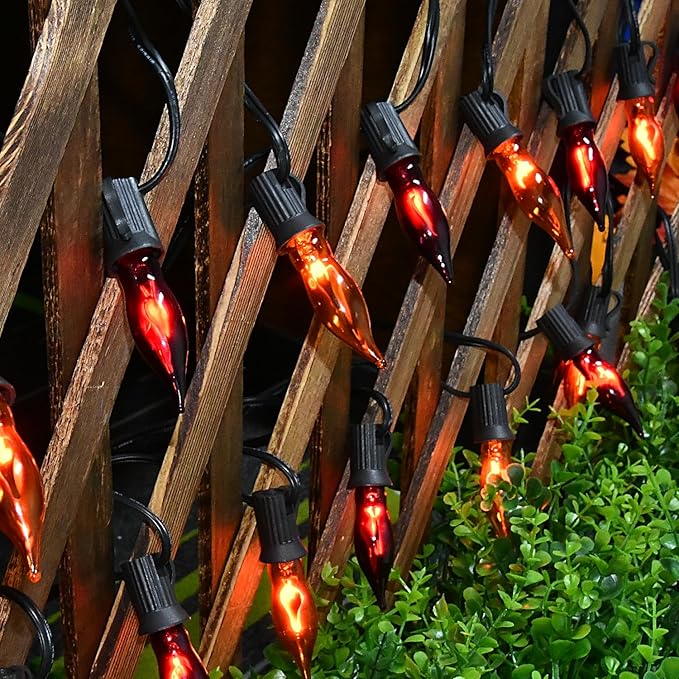 27.8 FT Halloween Decorations, C7 Clear Orange and Purple Halloween Lights, Flickering Flame String Lights Outdoor, E12 Screw Base, Flame String Lights for Halloween Garden Patio Party Decor, Black