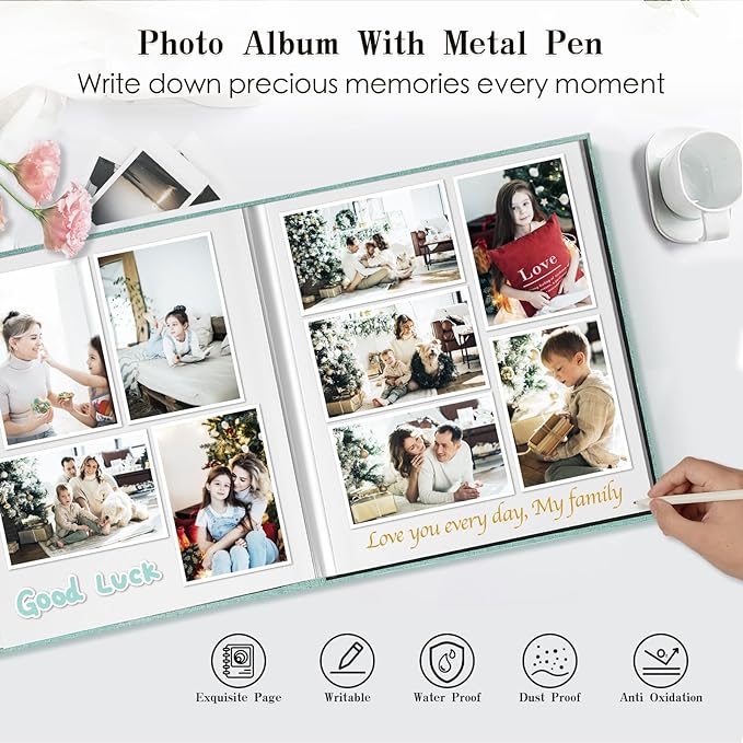 Spbapr Large Photo Album Self Adhesive 3x5 4x6 5x7 8x10 Pictures Magnetic Scrapbook Linen Cover DIY Album with A Metal Pen 11"x10.6"40pages