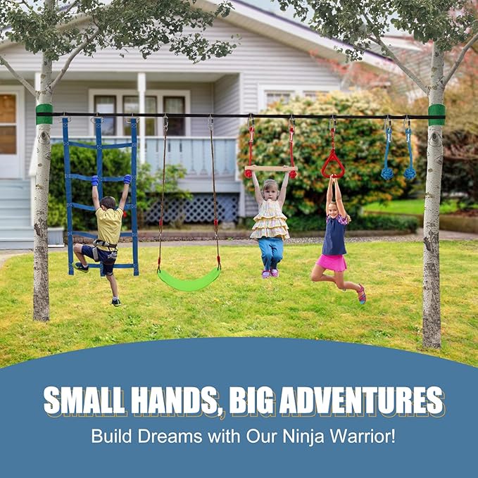 Slsy 60FT Ninja Warrior Obstacle Course (10 Obstacles), Ninja Slackline Kit for Kids, Durable Playset Equipment with 10 Complete Set-Monkey Bar,Swing, Climbing Ladder & Net