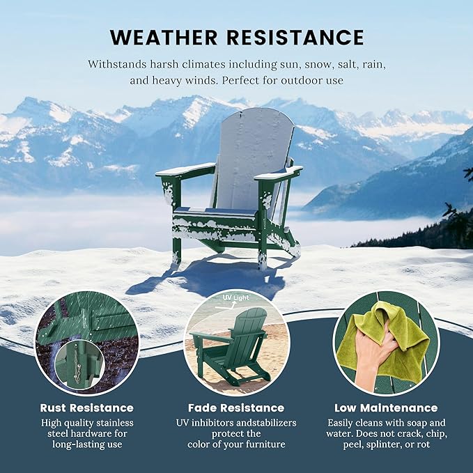 Westin Outdoors Laguna WO Home Furniture Adirondack Chair 4 PC Set Classic Outdoor Patio Folding Chair for Bon Fire Pit Lawn Backyard Beach Plastic Weather-Resistant (Dark Green)