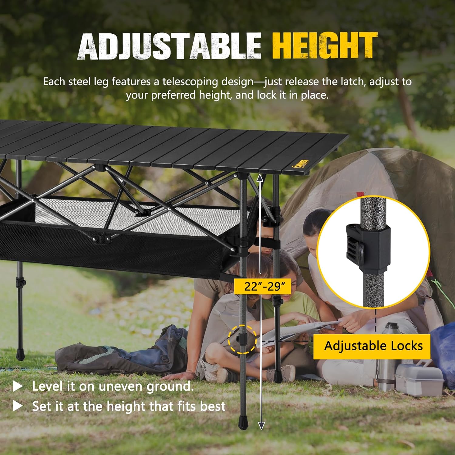 BUNKER INDUST Folding Camping Table, Outdoor Portable Roll-Top Aluminum Table with Carry Bag for Picnic,Beach,BBQ,Backyards, Adjustable Height
