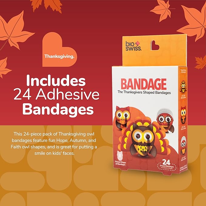BioSwiss Bandages, Thanksgiving Shaped Self Adhesive Bandage, Latex Free Sterile Wound Care, Fun First Aid Kit Supplies for Kids and Adults, 24 Count