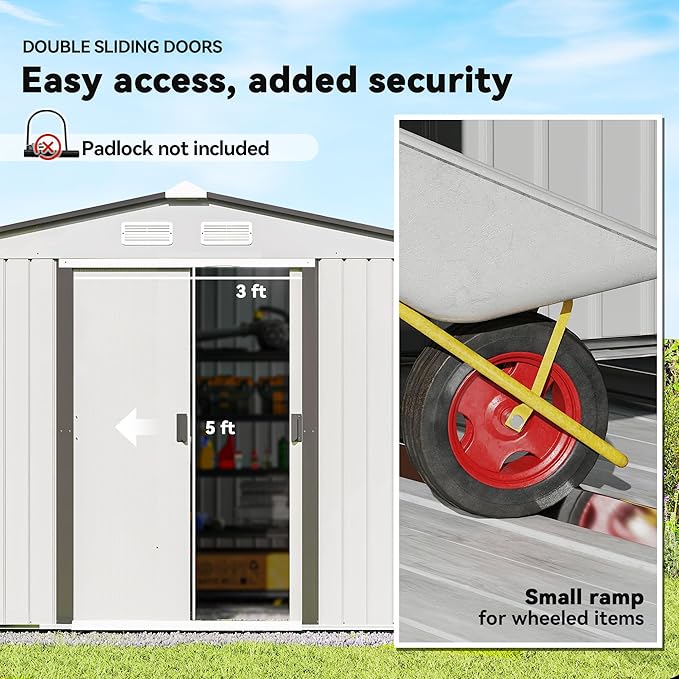 Outsunny 9' x 6' Outdoor Storage Shed, Garden Tool Metal Shed with Foundation Kit, Double Lockable Door, Air Vents and Sloping Roof, for Backyard, Patio, Lawn, Silver