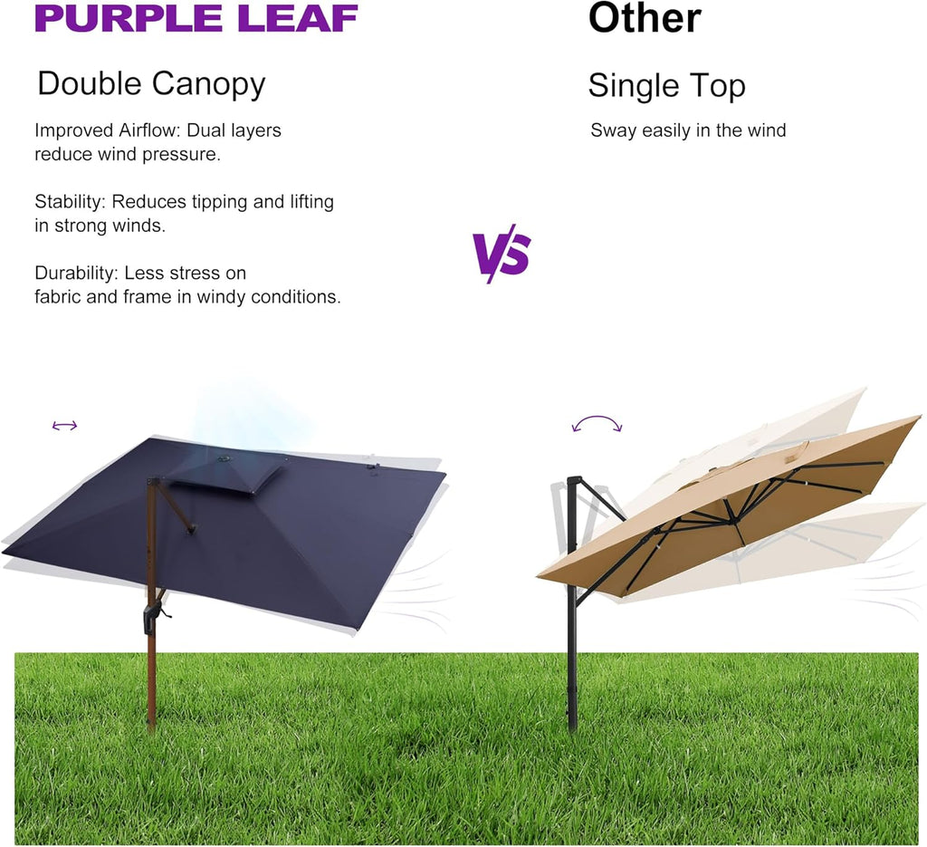 PURPLE LEAF 9' X 12' Double Top Deluxe Wood Pattern Rectangle Patio Umbrella Offset Hanging Umbrella Outdoor Market Umbrella Garden Umbrella, Navy Blue