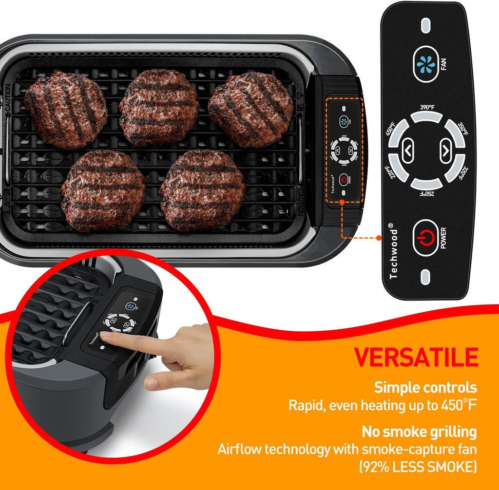 Indoor Smokeless Grill, Techwood 1500W Electric BBQ Grill with Temperature Control, Korean Grill Removable Grill & Griddle Plates, Tempered Glass Lid