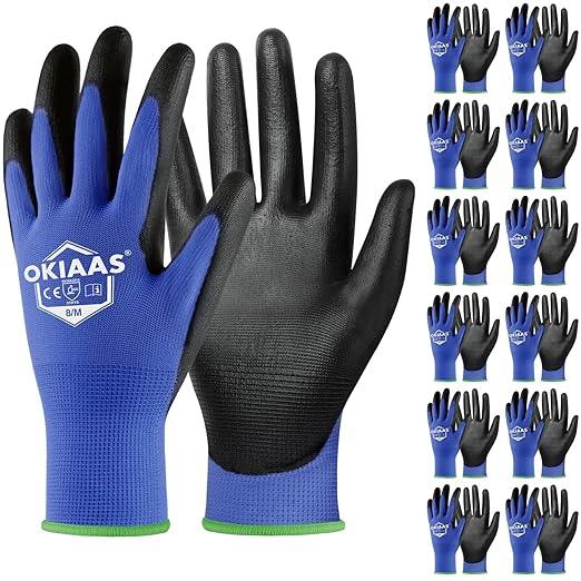 OKIAAS Men's Blue Medium Thin and Lightweight Working Gloves with Grip, 12 Pairs Bulk Pack Construction Gloves