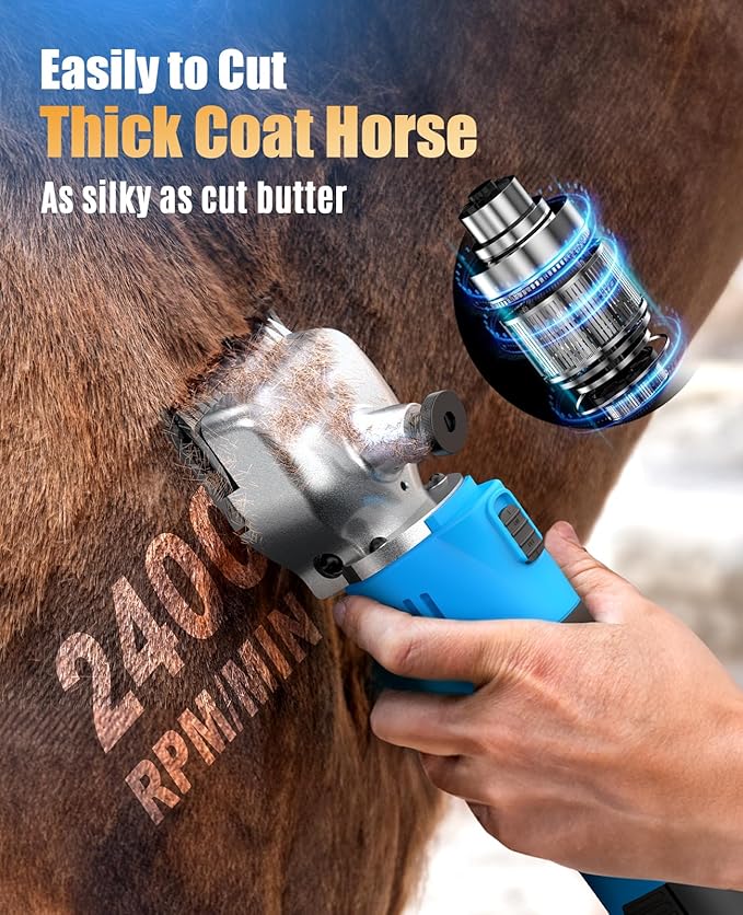 oneisall Cordless Horse Clippers,Professional Horse Grooming Clippers with 2 Batteries,Detachable Stainless Steel Blade Heavy Duty Horse Grooming Kit for Thick Coat