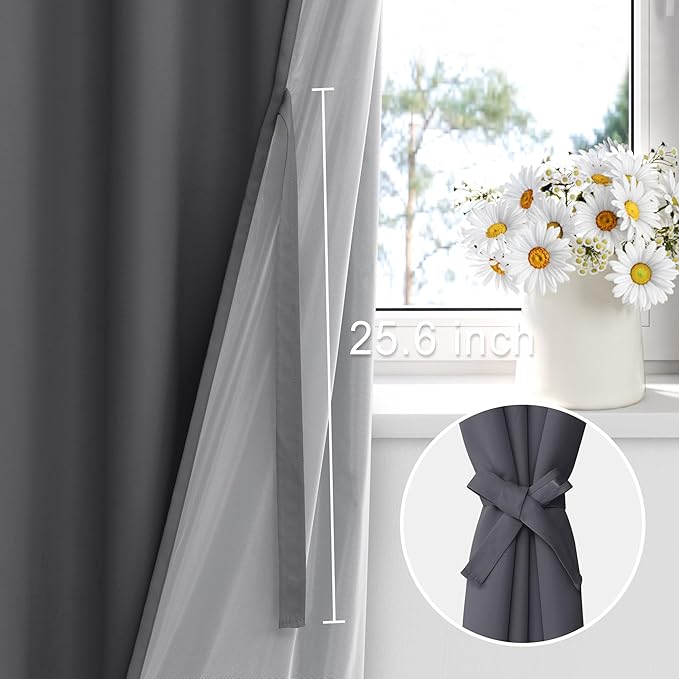 XWZO Extra Wide Full Blackout Curtain - Rod Pocket Thermal Insulated Black Liner, Noise Reducing and Heat Blocking Drapes for Hall and Studio Windows with Tiebacks, Dark Grey, W60 x L63, Set of 2