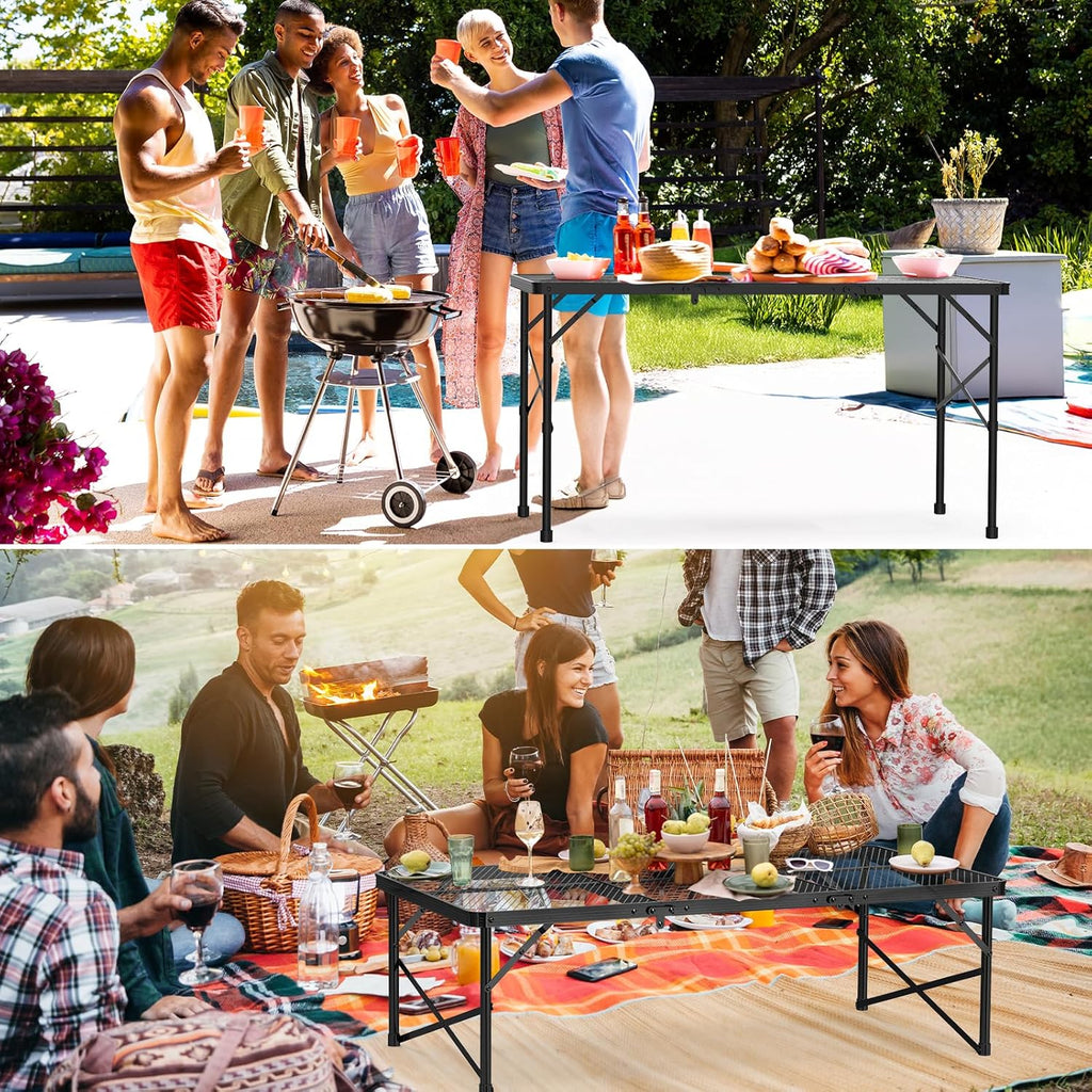 Folding Gril Table, 4x2 FT Camping Table with Mesh Desktop,Height Adjustable Folding Grill Table with Mesh Bag,Portable Outdoor for Picnic,Camping,BBQ,Beach(Black)