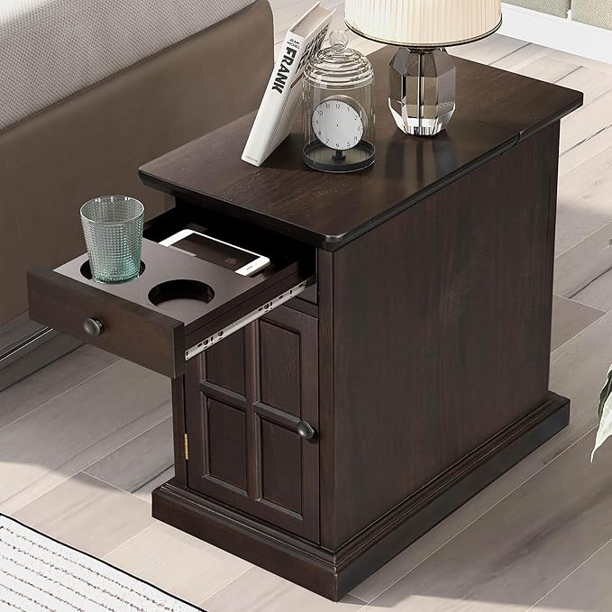 Traditional Wood End Table with Charging Station, Modern Vintage Sofa Chair Side Table Nightstand with Storage & Drawer for Living Room Bedroom, No Assembly, Antique Espresso