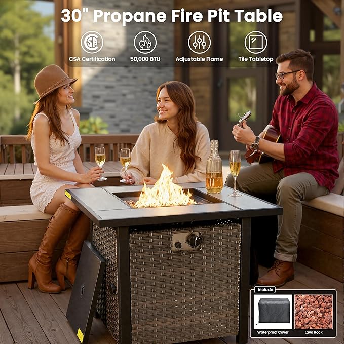 ovios 6 Pieces Patio Furniture Set with 30" Fire Pit Table, Outdoor Wicker Sofa with Ottomans, Comfy Cushions, High Back Couch Conversation Set, Brown Rattan, Beige