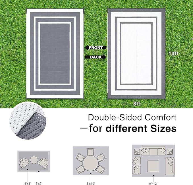 OLANLY Outdoor Rug 8x10 ft Waterproof, Reversible Outdoor Plastic Straw Rug, RV Mat, Indoor Outdoor Carpet Clearance for Patio, Camping, Balcony, Deck, Backyard, Grey & White