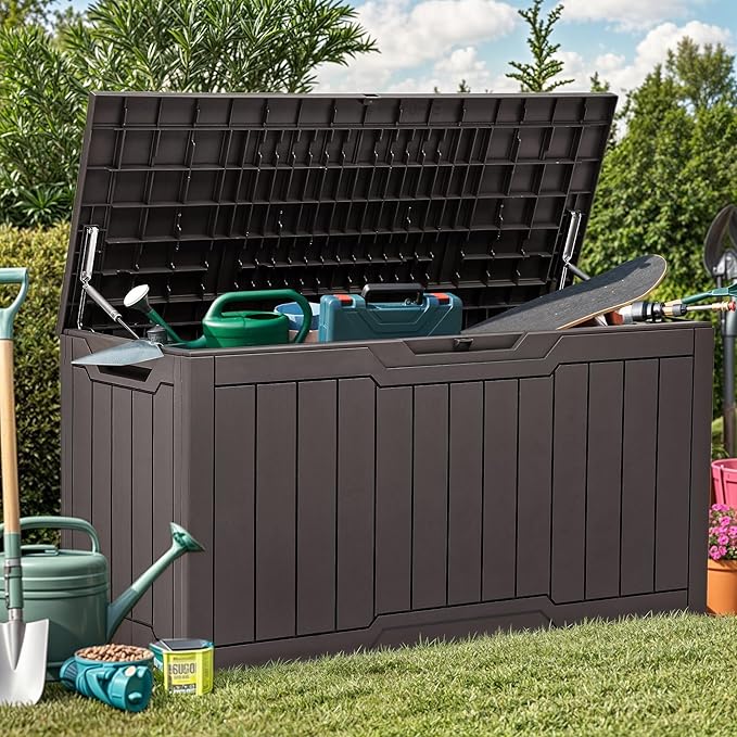 YITAHOME 80 Gallon Outdoor Storage Box, Large Water Resistant Resin Deck Box, Indoor Outdoor Lockable Storage Container for Patio, Garden, Cushions, Tools, Equipment (Dark Brown)