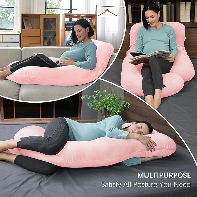 MOON PARK Pregnancy Pillows for Sleeping - U Shaped Full Body Maternity Pillow with Removable Cover - Support for Back, Legs, Belly, HIPS - 65 Inch - Pink