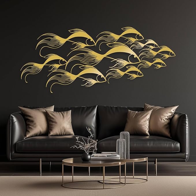 School of Fish Metal Wall Art, Metal Fish Wall Decor, Sea Life Wall Art, Large Nautical Wall Hanging, Modern Beach House Wall Decor, Ocean Themed Artwork for Bathroom (Black, 35"x15" | 90x38cm)
